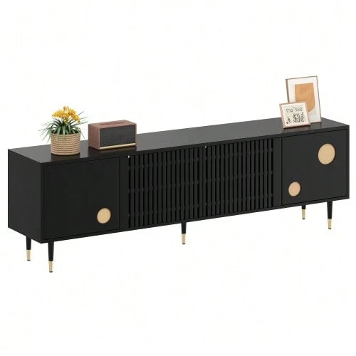 TV-Schrank, TV-Möbel mit Gitterstruktur, versteckten Griffen, Golddekor. Wohnzimmermöbel. Zwei Turen aus Massivholz - nero - Visualizzare 1