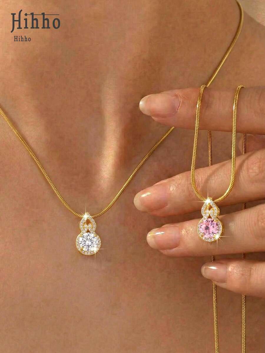 Hihho 1pc Luxury Gold Gourd Necklace, Featuring High-Shine White Main Stone And Full Rhinestone Pave, Gourd Design Symbolizes Blessings And Prosperity, Delicate Snake Chain Fits Neck Closely, Stylish Necklace Suitable For Daily Wear, Gifts, Dates And Versatile Occasions For Women - Gourd - View 1