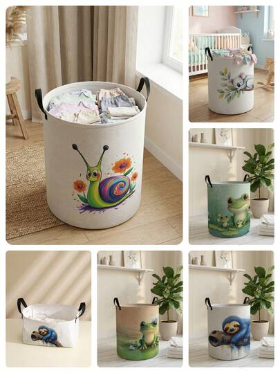 1 chiếc giỏ đựng đồ tròn gấp gọn in hình động vật hoạt hình, có tay cầm, dung tích lớn, đa năng, thích hợp để đựng đồ dùng cho trẻ sơ sinh, tã em bé, quần áo, đồ chơi.