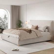 Upholstered Bed, Double Bed, 180 X 200 Cm, Slatted Base, Headboard And Large Storage Space, Solid Wood Bed Legs, White Bouclé Fabric - Apricot - View 2