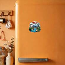 Rompiendo hacia el Big D: Imán de pared rota 3D de con revelación de piedra desgarrada y brillante horizonte, río Trinity y torre - Vibraciones de la rivera para tu refrigerador - , EE. UU. - Ver 3