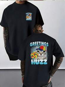 T-shirt unisexe d'été en coton 100% respirant et confortable, impression recto-verso noire "chat Lollipop Greetings Y2K Streetwear", cadeau parfait, tailles S-3XL - Noir - Voir 2