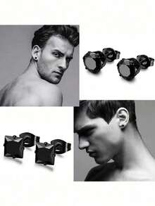 3对FIBO STEEL不锈钢黑色立方氧化锆耳钉，时尚男女通用穿刺饰品套装，欧美流行款 - 黑色 - 查看 3