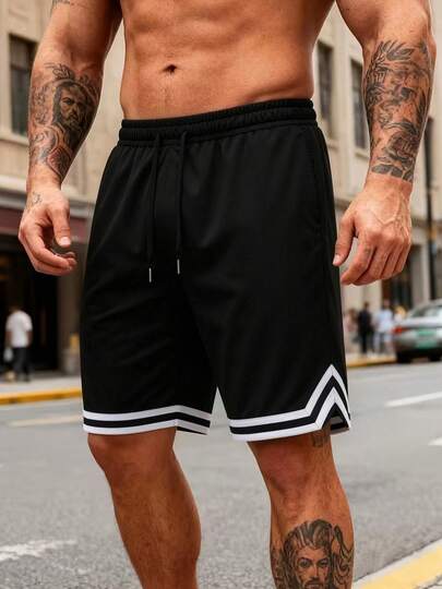 1 Pair Men's Basketball Shorts - Summer Sports Style, Thin, Loose, Quick-Dry, Knee Length, Mesh Fabric Black
