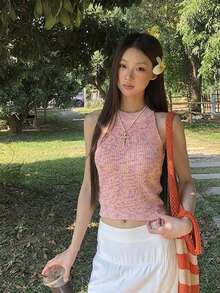 Korean Style Pink & Purple Mixed Color Marled Knit Spaghetti Strap Tank Top Women Cutout Shoulder Sleeveless Cropped Slim Fit Flattering Sexy Camisole Top Summer - Pink - View 1