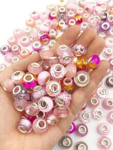 Set de 20 piezas de cuentas de agujero grande de acrílico de colores aleatorios, cuentas espaciadoras de estilo europeo para pulseras, suministros de manualidades para hacer joyas - Rosa - Ver 1