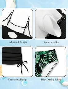 Girls Tankini Swimsuit 2 Piece Set Unique Edge Bathing Suit With Drawstring Top & Swim Briefs For 9-16Y - 黑葉 - 查看 5