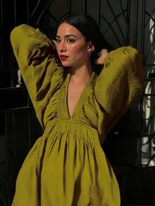 New Spring/Summer Elegant Fashion Sexy Deep V-Neck Puff Sleeve Casual Mini Dress For Women, Vacation Boho & Western & Tropical & Sun Dress - 橄欖綠 - 查看 4