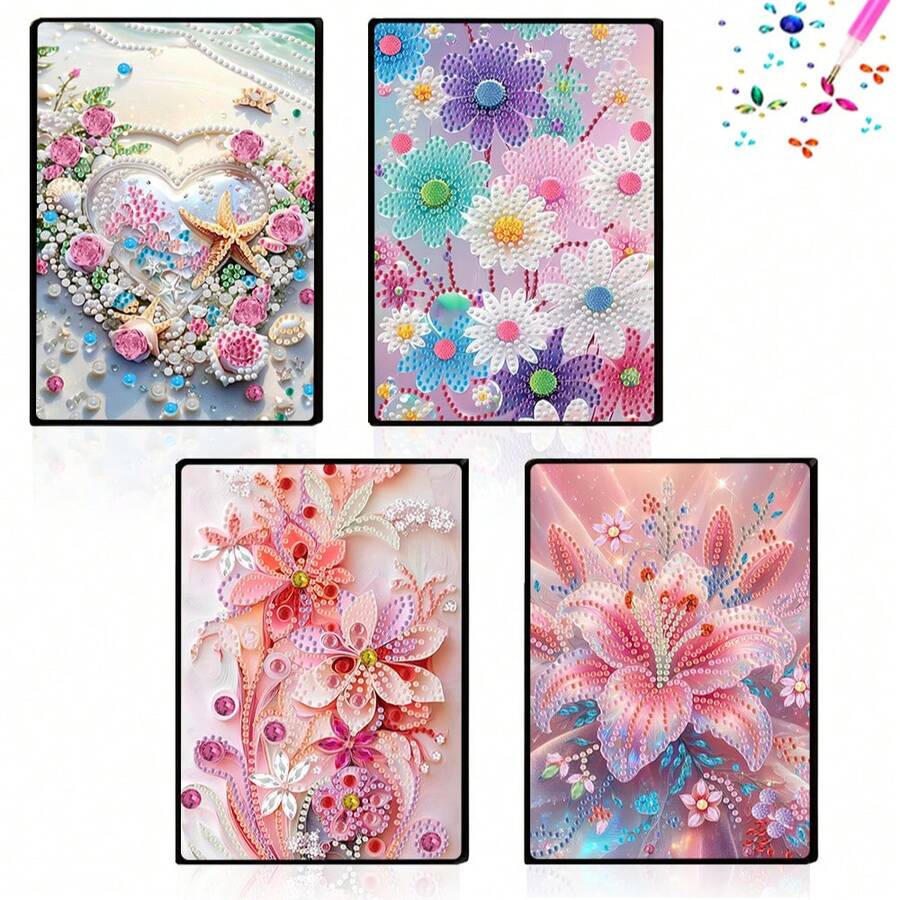 1 pieza Kit de cuaderno de pintura de diamantes, patrón de flor y corazón, artesanía hecha a mano - Material de piel de PU, adecuado para escribir, dibujar, tomar notas, regalo de Acción de Gracias