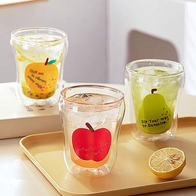 Ins风格简约水果图案双层玻璃杯，强化玻璃材质，咖啡杯、果汁杯、茶杯、冷饮杯，适合日常使用、居家、餐厅、派对、聚会、送礼。
