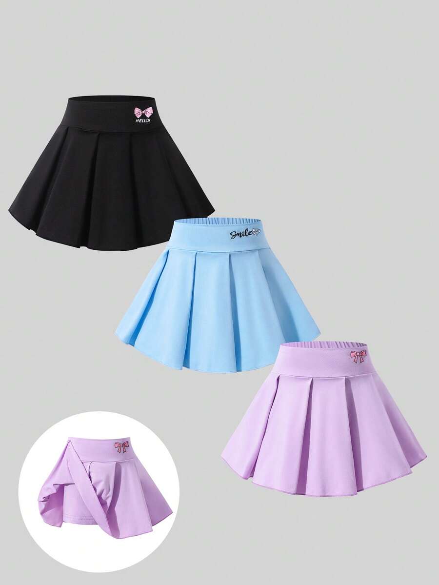3pcs/Set Girls' Casual & School Bow Print Pleated Skort, Summer - Multicolor - View 1