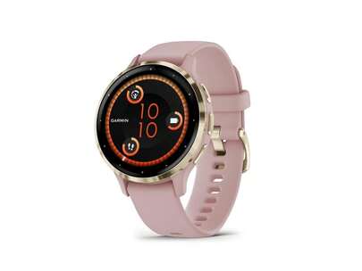  Garmin Venu 3S, bisel de acero inoxidable color oro suave con caja color rosa polvo y correa de silicona | Reloj inteligente 010-02785-03