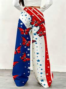 American Flag Butterfly Print Wide Leg Pants With Drawstring Waist For Casual And Sport Wear Suitable For Independence Day Celebration And Patriotic Events Perfect For Comfortable Daily Wear And Outdoor Activities Ideal For Women Who Love Fashion And Freedom Spirit Suitable For Leisure And Exercise - 白色 - 查看 3