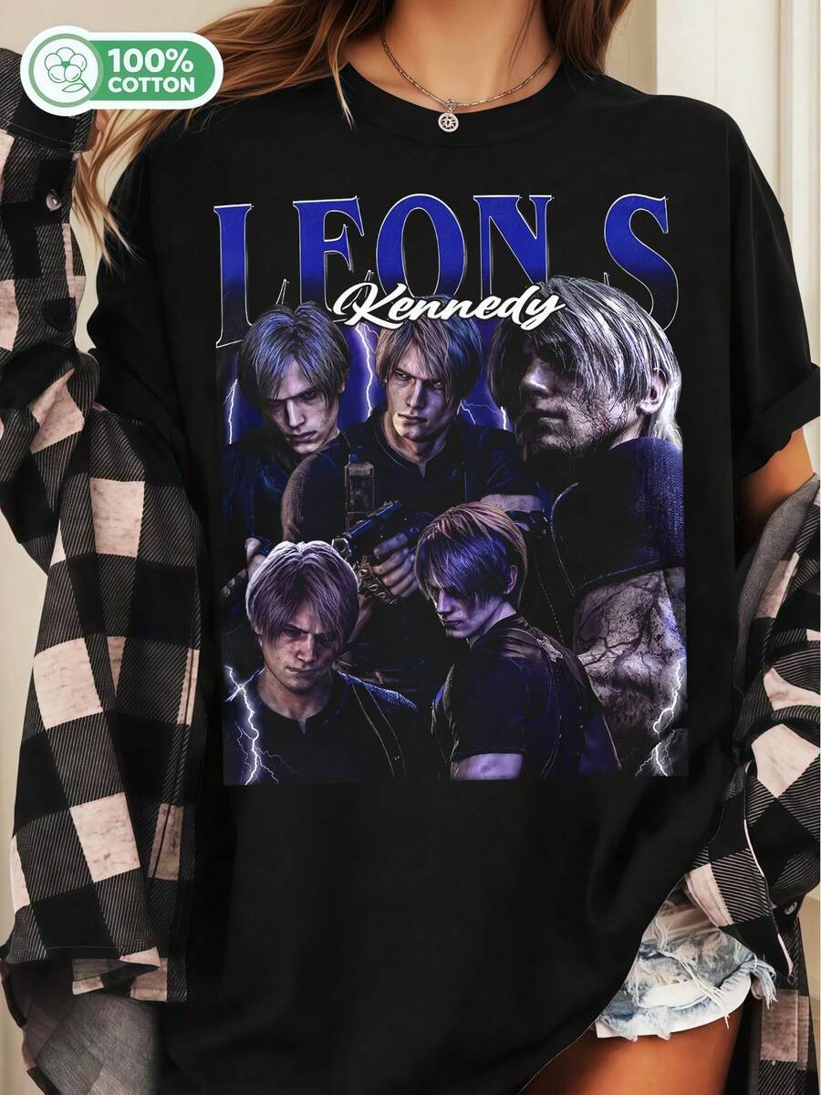 Leon S. Kennedy Evolution Collage Resident Evil Gaming Cotton T-Shirt Horror Fan Gift - Black - View 1