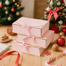 10pcs Set Lidded Gift Box, Gold Trim Pink Box, Size 10.6 X 7.8 X 3.1 Inches, With Pink Ribbon, Suitable For Bridesmaid Invitation, Wedding Gift, Birthday Gift, Party Favor, Decor, Valentine's Day, Bridal Box - Pink With Gold Trim - View 3