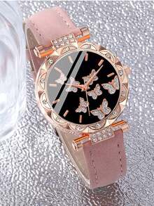 6件套优雅蝴蝶表盘石英表套装，搭配PU皮表带、珍珠蝴蝶手链项链、戒指和耳环，适合女孩在毕业典礼、返校、家庭聚会、庆祝活动、派对、度假、旅行等场合佩戴，是理想的毕业和母亲节礼物。 - 彩色 - 查看 7