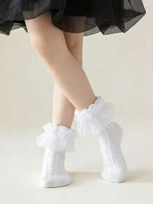4 Pairs Girls' Fluffy Lace Trim Socks, Cute Princess Dance Stockings - Multicolor - View 4