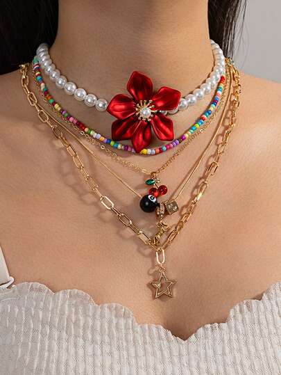 Bộ 5 mặt dây chuyền hình hoa đỏ, đính hạt, ngôi sao và quả anh đào, phong cách retro Y2K ngọt ngào, phù hợp cho các chuyến đi chơi mùa hè và tạo phong cách cá nhân.