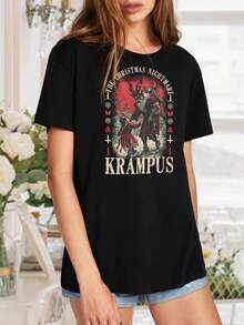 Women Krampus Christmas Nightmare T-Shirt Graphic Tee Devil Horror Demon Claus Dark Fantasy Holiday Gothic Funny Shirt Halloween - 黑色 - 查看 2