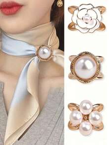 Set de 3 piezas de broches para bufanda de perlas falsas de moda para mujer, anillos y hebillas de bufanda versátiles - botón de bufanda - Ver 1