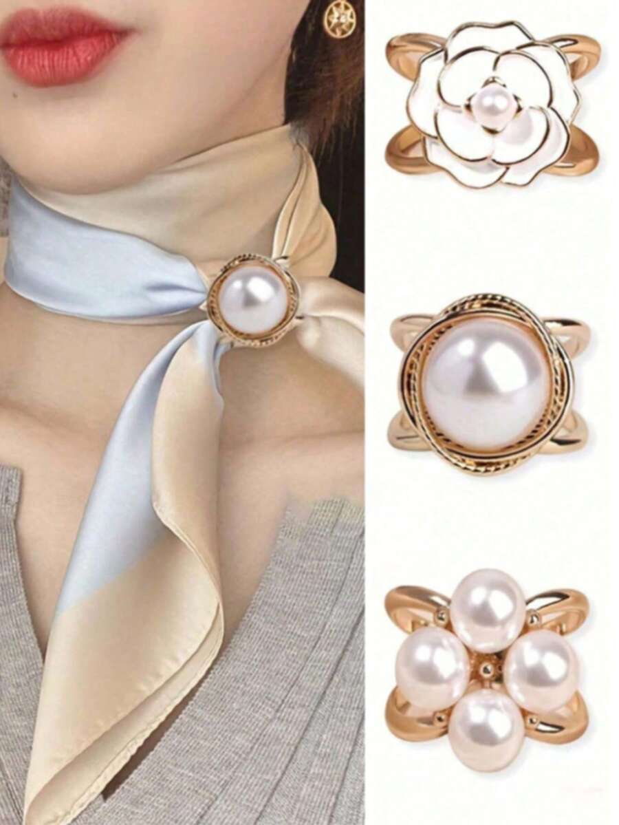 Set de 3 piezas de broches para bufanda de perlas falsas de moda para mujer, anillos y hebillas de bufanda versátiles - botón de bufanda - Ver 1