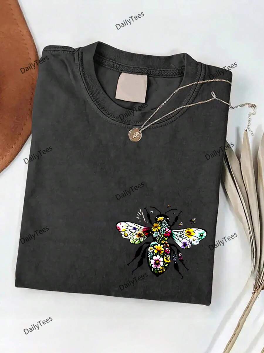 100% Cotton Washed T-Shirt 230g, Floral Honey Bee Print T-Shirt, High-Quality Batik Cotton Vintage Fashion Brand T-Shirt, Women's T-Shirt, Women's Summer Wear, Holiday Gift, Perfect Present - Black - View 1