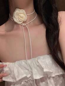 3件套优雅3D仿真山茶花项链，手工布艺花朵颈链 - 彩色 - 查看 6