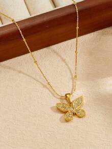 1件时尚简约镶钻镀金蝴蝶吊坠不锈钢项链，适合日常佩戴，百搭女士锁骨链 - 金色 - 查看 2