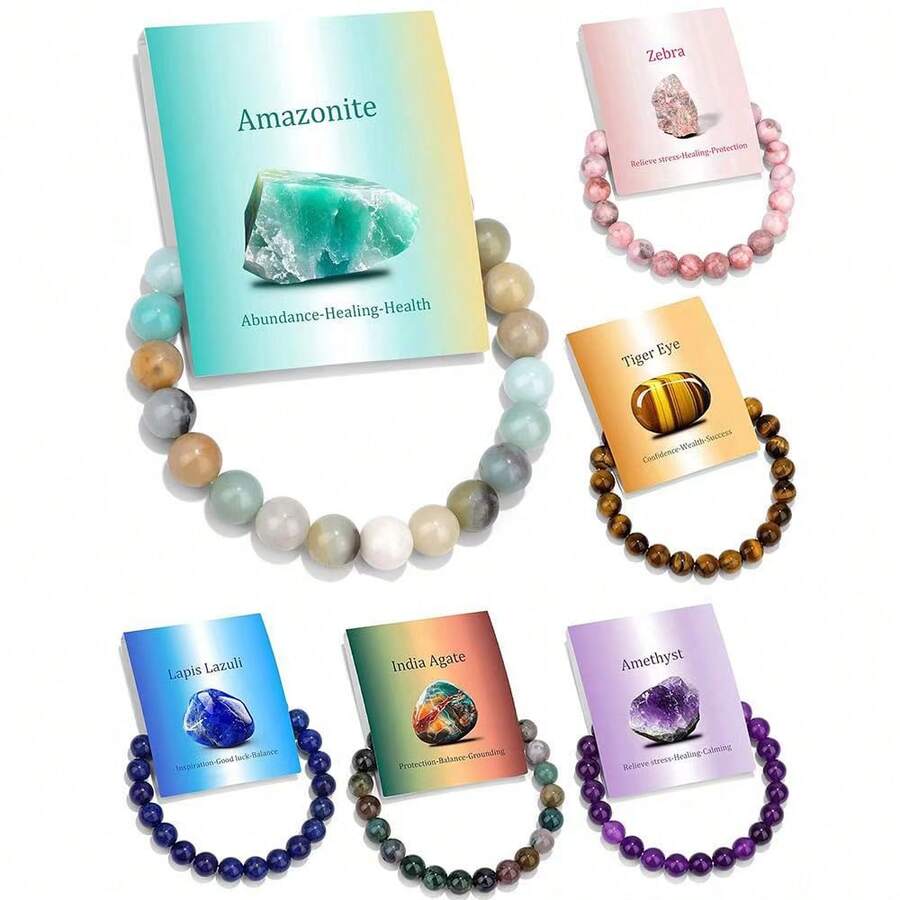 1pc Natural Stone Bracelet, Unisex Energy Healing Crystal Bracelet, Elastic Cord, Birthday Gift - Multicolor - View 1