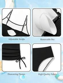 Girls Tankini Swimsuit 2 Piece Set Unique Edge Bathing Suit With Drawstring Top & Swim Briefs For 9-16Y - 黑色 - 查看 5