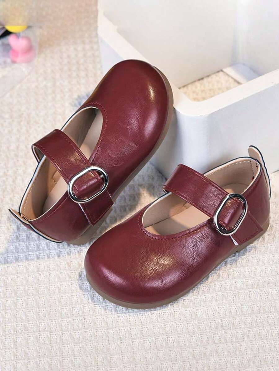 1 Pair Girls' Fashion New Mary Jane Princess Flats, Soft Sole Non-Slip Infant Leather Shoes, British Style Ballet Flats Suitable For Spring, Summer, Autumn, Winter - Burgundy - View 1