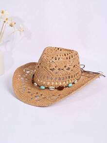 1pc Unisex Spring Summer All Season Solid Color Hollow Out Handmade Woven Straw Panama Hat, Fashionable Beaded Hat Chain Decor Western Cowboy Hat, Vintage Personalized British Style, Straw Hat, Summer Outdoor Breathable Comfortable Sun Hat, Travel Vacation Beach Hat, Daily Outing - Straw Hat - View 8