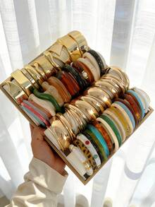 Fashionable And Elegant Bohemian Style Random 11/8/6/4/1 Piece Multi-Element Vintage Colorful Acrylic Tie Dye Transparent Brown Blue Green White Leopard Thick Resin Bracelet Set, Geometric Asymmetric CCB Open Cuff Minimalist Personalized Exaggerated High-End Jewelry Suitable For Women Men Couples, Summer Beach Party Festival Wedding Date Daily Versatile Gift Choice (Random Style Shipped) - Multicolor - View 2