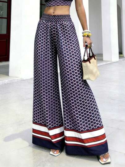 春夏新款休闲优雅女士阔腿裤：藏蓝色鱼鳞印花，腰部拼接设计，适合度假、旅行、派对、海滩等各种场合。