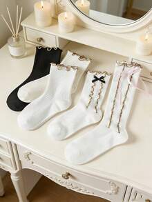 1 Pair Women's Mid-Calf Socks, Solid Color Minimalist Lace Trim Ankle Socks, Ruffle Edge Short Socks With Bow Design, Essential For Casual Daily Wear - Multicolor - View 10