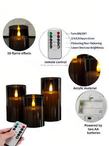 1/2/3pcs Flameless Candles With Remote Control And Timer Function, Suitable For Home Decor, Wedding, Table Centerpiece, Halloween And Christmas Decoration, Party Decor, Gift - Black - View 7