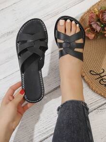 Women's Metal Woven Criss-Cross Slide Sandals, Women's Flat Slippers - Black - View 6