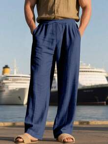 Men's Breathable Linen Loose Casual Sports Pants, Suitable Beach, Spring/Summer - 藏蓝色 - 查看 4