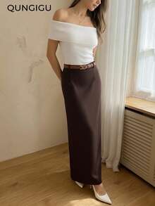 QUNGIGU Falda larga de cintura alta de línea A, de unicolor, básica, con abertura, cómoda y casual para mujer - Marrón - Ver 3