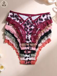7条装性感冰丝豹纹内裤 - 蕾丝边网纱露臀内裤，金属纽扣 | 收腹提臀，柔软舒适镂空内衣 - 彩色 - 查看 2