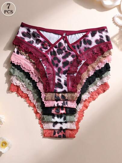 7条装性感冰丝豹纹内裤 - 蕾丝边网纱露臀内裤，金属纽扣 | 收腹提臀，柔软舒适镂空内衣