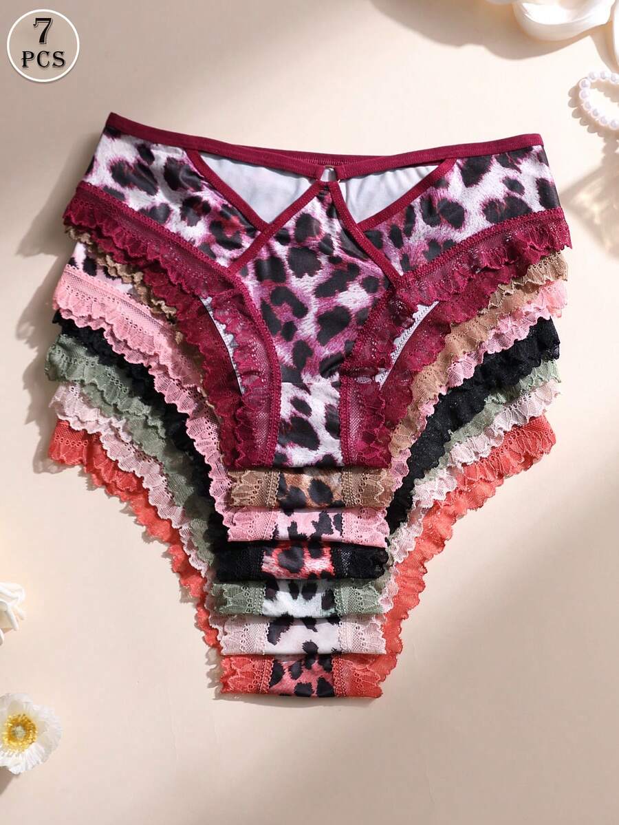 7条装性感冰丝豹纹内裤 - 蕾丝边网纱露臀内裤，金属纽扣 | 收腹提臀，柔软舒适镂空内衣