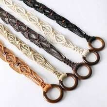 Spring And Summer Fashion Multi-Color Bohemian Retro Style Wax Rope Handmade Wooden Circle Braided Hollow Belt With Dress Belt Summer, School Fall, Autumn, Halloween - 咖啡 - 查看 5