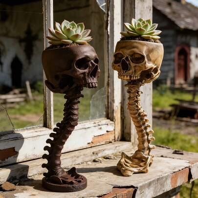 Chậu trồng cây hình đầu lâu và xương sống bằng nhựa sáng tạo, chậu hoa hình xương độc đáo dành cho cây mọng nước, xương rồng, cây nhỏ, trang trí nhà theo phong cách Gothic, trang trí Halloween, vật trang trí sân vườn, trang trí hiên nhà, trang trí ban công, trang trí bàn làm việc, chậu cây ma quái, nghệ thuật nhựa theo chủ đề kinh dị, hoàn hảo cho tiệc Halloween, nhà ma, phòng Gothic, vật trang trí sưu tầm, lý tưởng để trưng bày cây trong nhà và ngoài trời, bệ cửa sổ, bàn làm việc, vườn, hiên nhà, món quà độc đáo cho người yêu thích phong cách Gothic.