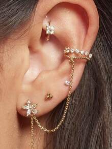5 chiếc khuyên tai dây chuyền hình hoa đính đá Cubic Zirconia thanh lịch, thích hợp cho nữ giới đeo hàng ngày, hẹn hò và dự tiệc. - Vàng - Xem 1