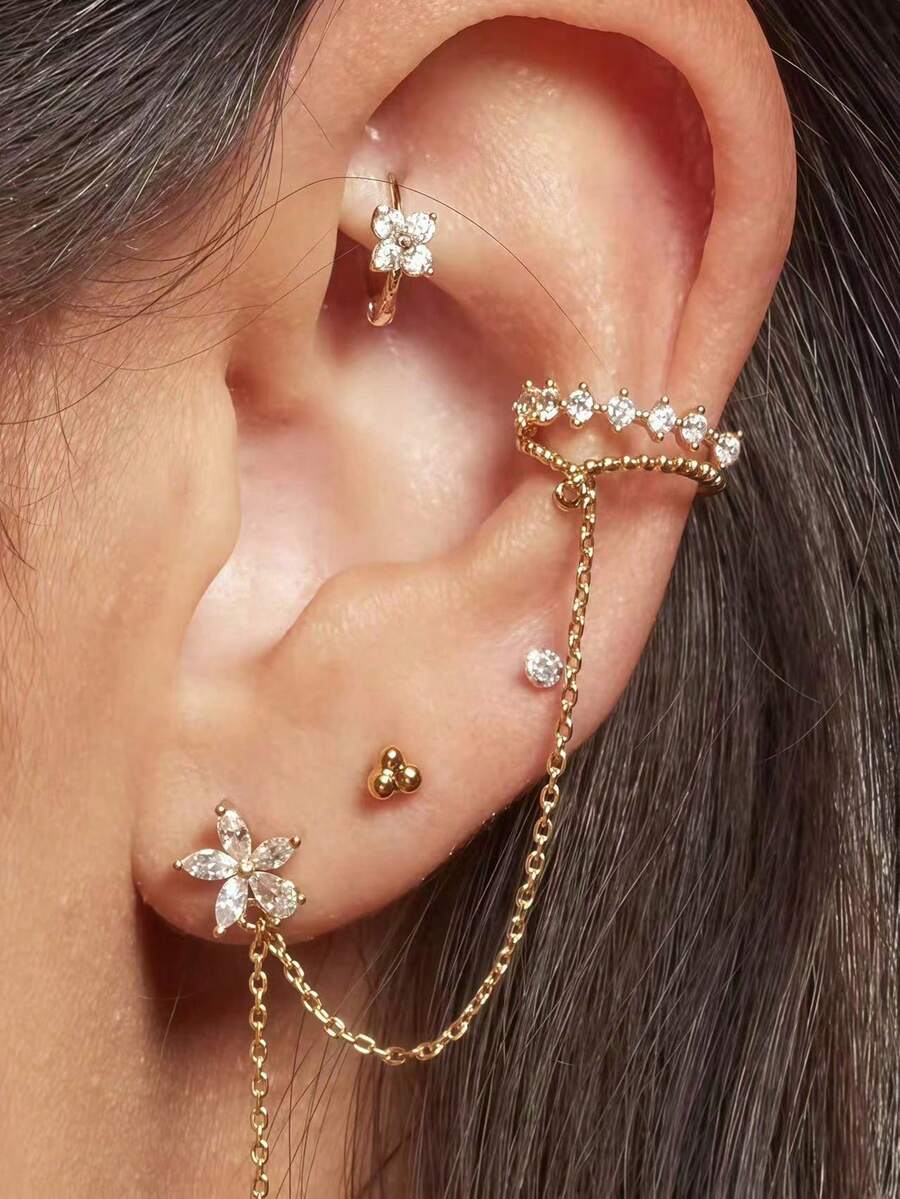5 chiếc khuyên tai dây chuyền hình hoa đính đá Cubic Zirconia thanh lịch, thích hợp cho nữ giới đeo hàng ngày, hẹn hò và dự tiệc. - Vàng - Xem 1