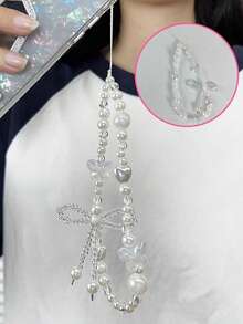 1 chiếc vòng tay ngắn thủ công đính hạt hình nơ bằng nhựa acrylic trắng, có thể tháo rời, kèm dây đeo ốp điện thoại đính hạt. - trắng - Xem 1