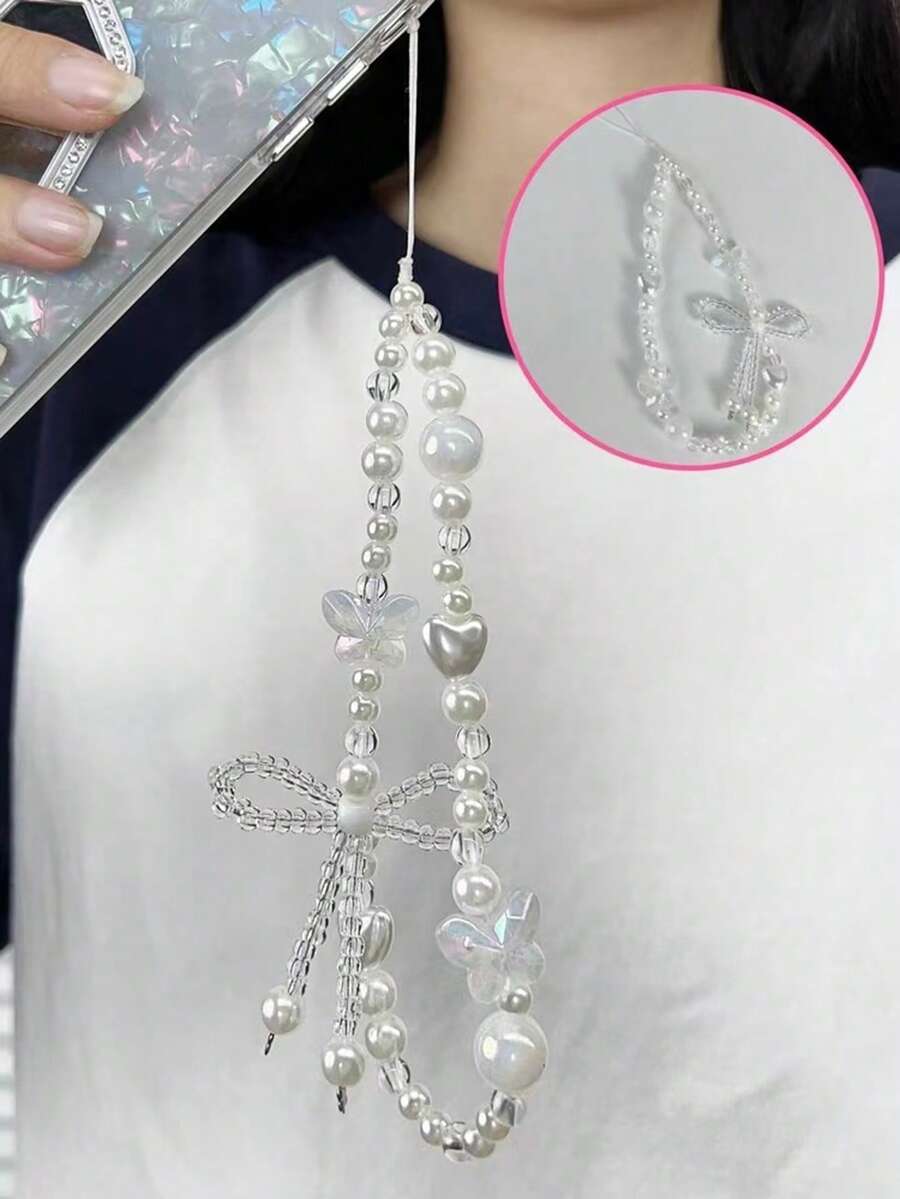 1 chiếc vòng tay ngắn thủ công đính hạt hình nơ bằng nhựa acrylic trắng, có thể tháo rời, kèm dây đeo ốp điện thoại đính hạt. - trắng - Xem 1