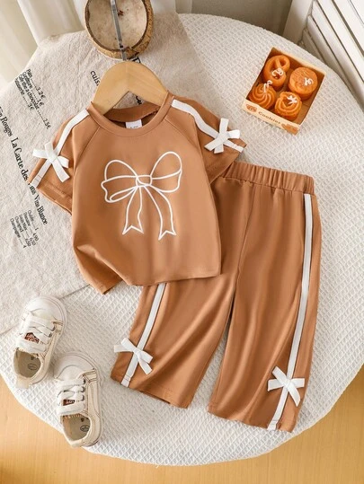 2pcs Baby Girls' Casual Minimalist Style Ribbon Bow Short Sleeve T-Shirt And Leggings Set, Summer