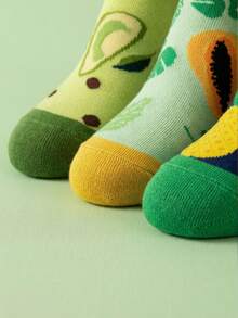 3 Pairs Women's Funny Tropical Fruit Theme (Including Cartoon Avocado, Papaya And Pineapple Patterns) Contrast Color Cartoon Print Sweat-Absorbent Odor-Resistant Soft Comfortable Novel Interesting Ankle Socks, Suitable As Interesting Gifts For Men Such As Father, Son, Grandfather, Husband, Boyfriend - Multicolor - View 4